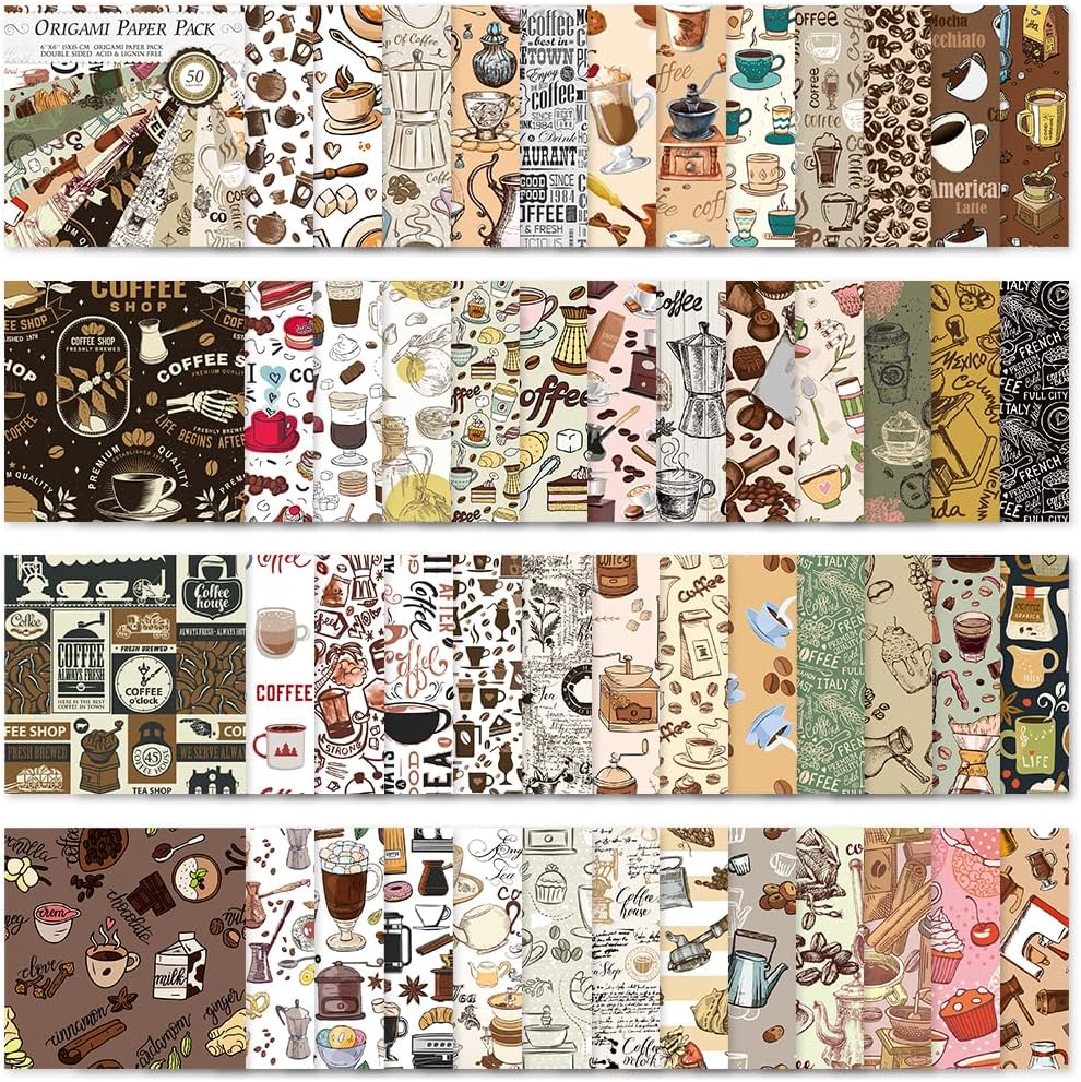 Square Origami Paper 6x6 Double Sided 50 Sheets 50 Colors 70GSM Origami Kit Japanese Chiyo Easy Fold Arts Crafts DIY Handwork Beginner Coffee