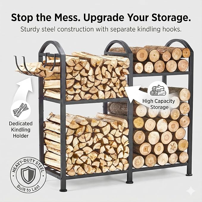 Firewood Rack Indoor With Hooks, 31inch Firewood Rack, log holders for firewood outdoor, Fireplace Wood holder Indoor, Adjustable Small Fire Wood Storage