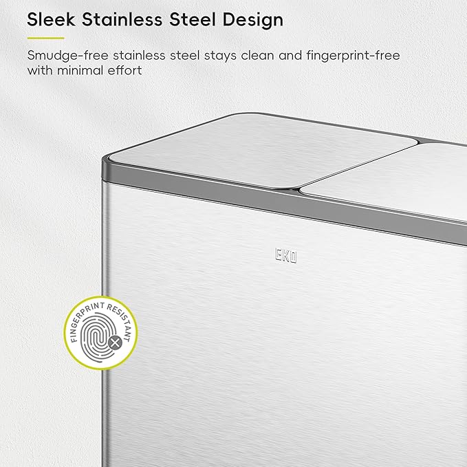EKO EcoCasa Plus 2 x 10.6 Gal Dual Recycling Trash Can for Kitchen, Large Stainless Steel Step-On Garbage Can with Soft-Close Lids, Odor-Proof and Fingerprint-Resistant, Removable Buckets with Handles