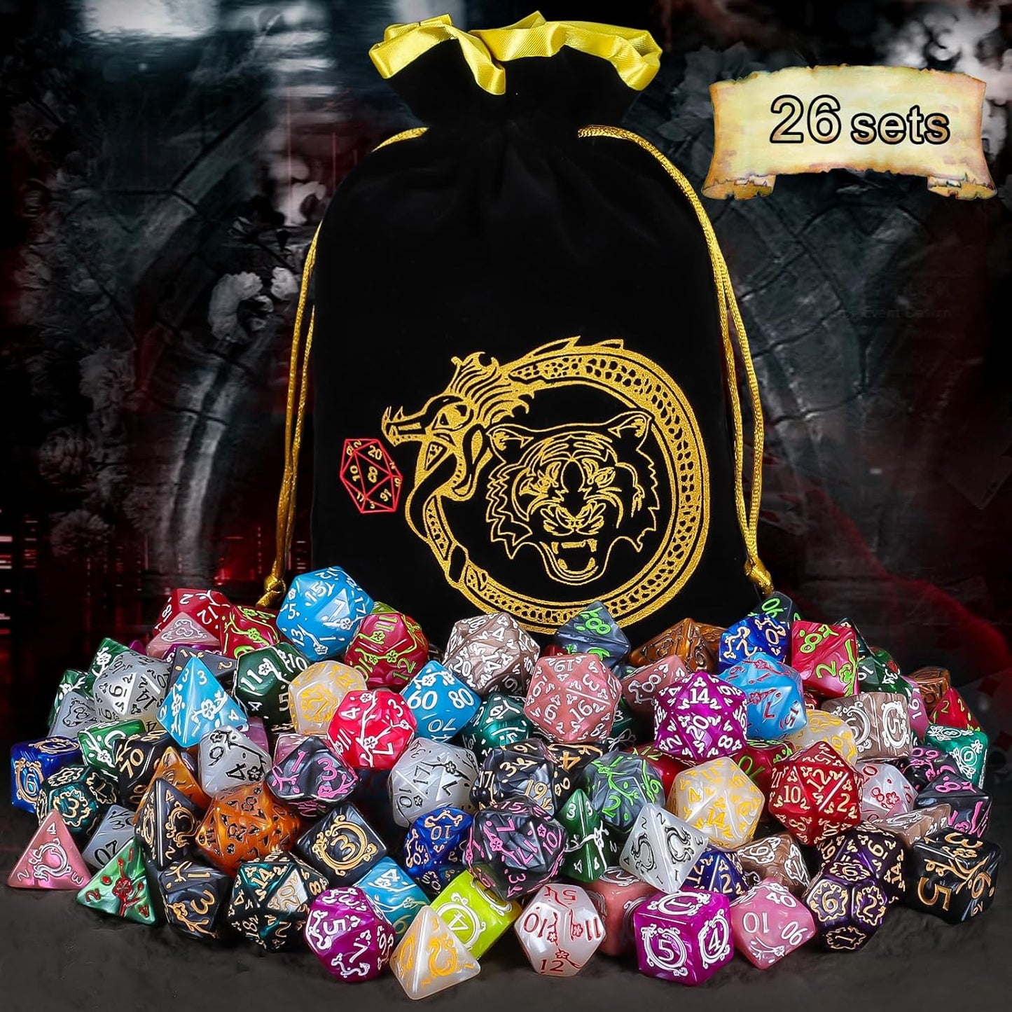 CiaraQ DND Dice Sets- 26 X 7 Polyhedral Dice (182pcs) with a Large Drawstring Bag, Multi-Color Engraved Gaming Dice for Dungeons and Dragons, Role Playing Table Game.