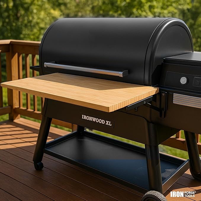 Iron Forge Tools 24x12 Wood Folding Grill Shelf Accessory - Compatible with Traeger Grill Ironwood, Ironwood XL, Timberline, & Timberline XL Models with PAL Pop and Lock Accessories Mount