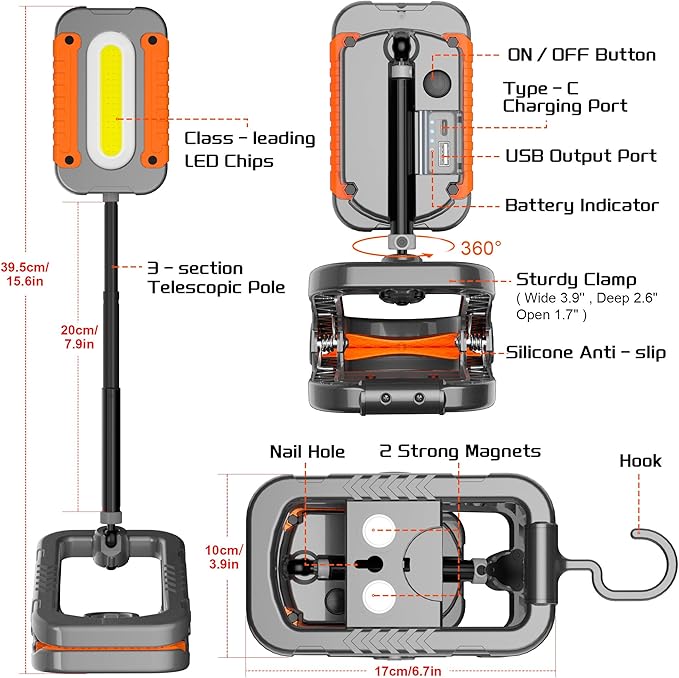 Rechargeable Work Light with Clamp, 3000LM Clip on Lamp with Magnet, Hook, Telescopic Stand, 360° Rotatable Portable LED Clamp Work Light for Boat, Job Site, Workshop, Car, Desk, Bench(1Pack)