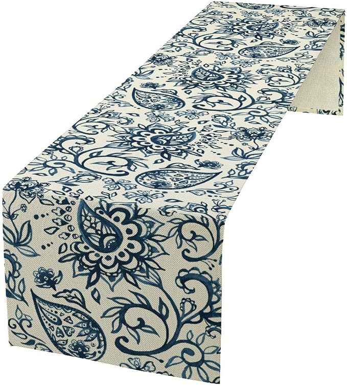 Blue Paisley Table Runner, Vintage Damask Antique Floral Flower Boho Damask Swirled Rustic Coffee Table Center Decor for Family Kitchen and Living Room Outdoor Table Decorations, 13"x90"