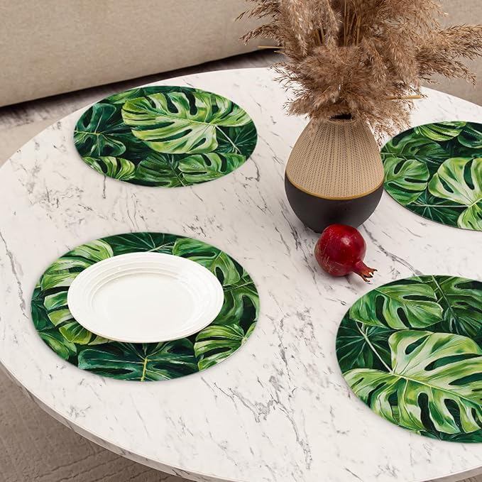 Faux Leather Placemats Set of 4,Tropical Green Leaves Ding Table Round Placemat Easy to Clean Heat-Resistant Waterproof Non-Slip Place Mats Kitchen Living Room Decoration,13inch