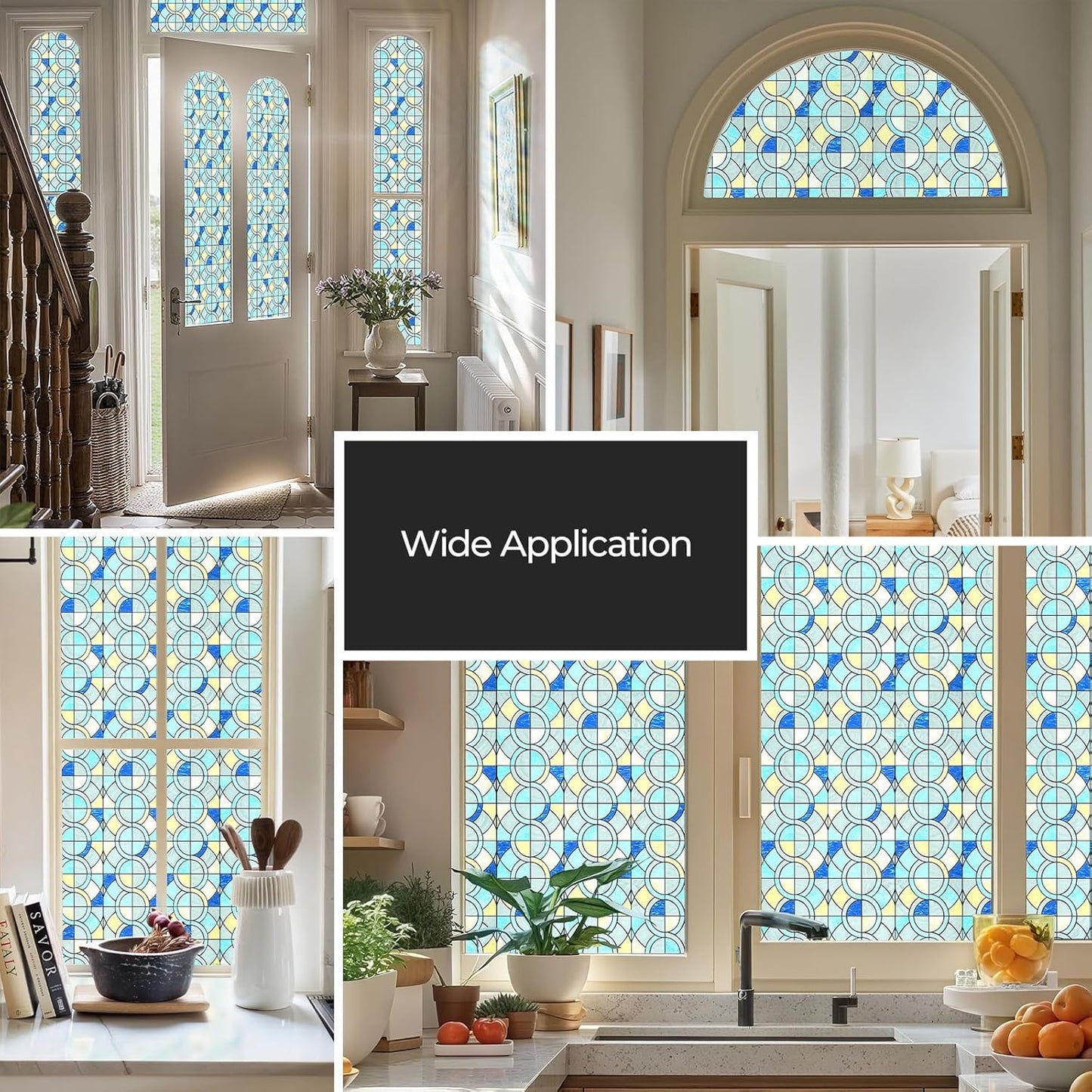 Window Privacy Film, Frosted Glass Decorative Static Cling, Removable Sun Blocking Vinyl Covering, Window Film for Home Kitchen Living Room Bathroom, Geometric Rings, 17.5" x 78.7 "