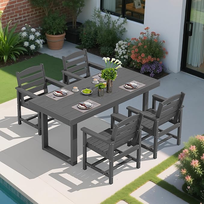 SERWALL HDPE Outdoor Dining Set for 4, 67'' All Weather Patio Dining Table and Chairs Set for Deck, Lawn, Gray