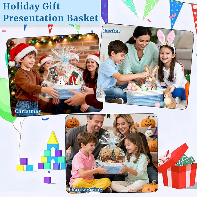 Succwoah 8 Pack Small Woven Baskets with Gift Bags & Ribbons & Cards, Cotton Rope Nursery Storage with Handles, 12"x8"x5", Empty Gift Baskets for Baby Shower, Christmas, Thanksgiving, Organizer (Blue)