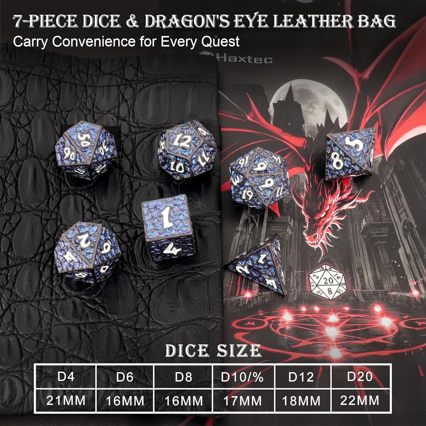 Haxtec Metal DND Dice Set Polyhedral D&D Dice Compatible with Dungeons and Dragons Gift TTRPG Black Blue Glitter Metal Dice