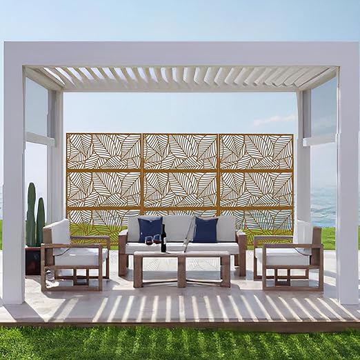 Casaphoria 72" H x 47" W Metal Outdoor Privacy Screen, Freestanding Decorative Divider for Patio, Deck, Balcony, and Garden with Stable Base, Brown Leaves
