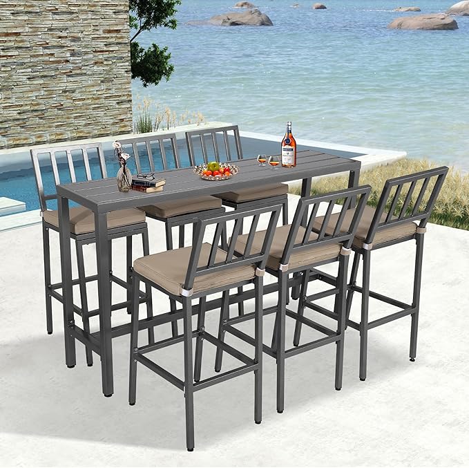 Outdoor Patio Bar Set, Bar Height Patio Dining Set, Weather-Resistant Bistro Counter Pub Set with Cushions & Slatted Tabletop for Backyard (Gray, 63" Table, 6 "I Style Stool)