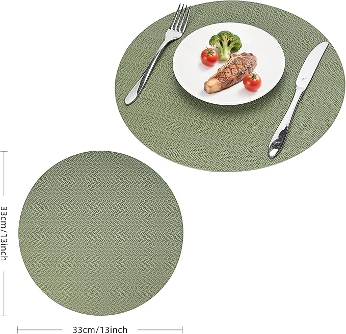 Round Faux Leather Placemats Set of 4 – 13 Inch Vinyl Table Mats, Heat Resistant, Non Slip, Wipeable & Washable, Easy to Clean Dining Table Decor for Kitchen & Dining Room(Olive Green)