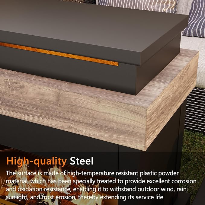 40.5''x35.4'' Propane Outdoor Fireplace, 50,000 BTU Patio Vent-Free Gas Heater, CSA Certified Grey & Black Weather-Resistant Steel, Realistic Ceramic Logs, Rain Cover Included