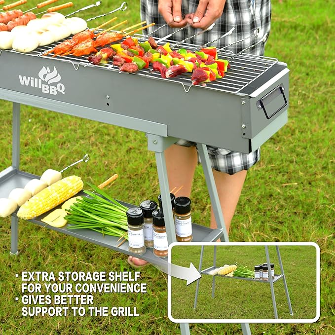 WILLBBQ Charcoal Grills Commercial Quality Portable Multiple Size Hibachi BBQ Lamb Skewer Folded Camping Barbecue Grill(39.4x7.1x5.1 inch With Accessories) - The Perfect Gifts for Grill Lovers