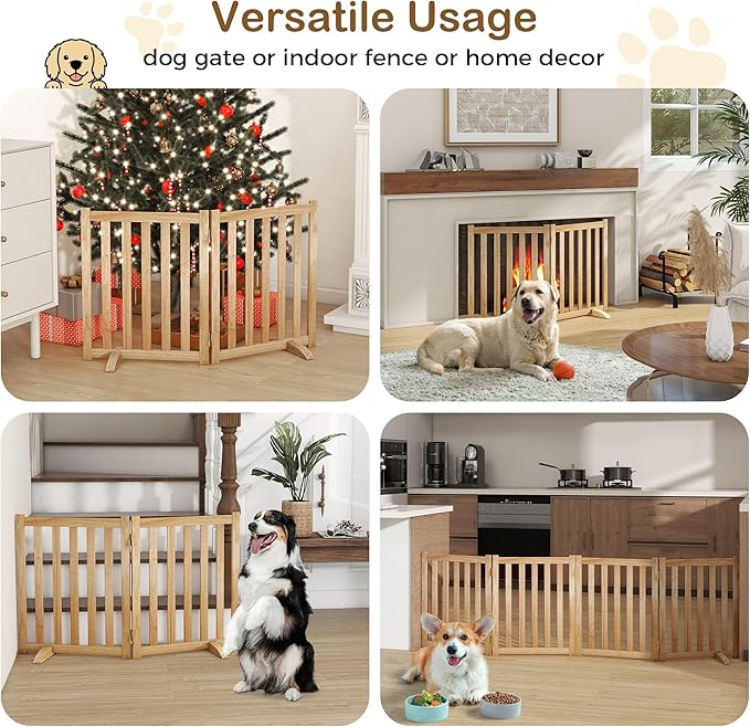 24" Height Tall Freestanding Pet Gate, Solid Wood Folding Safety Fence Wooden Dog Gate with 2 PCs Support Feet Ideal for Stairs, Doorways, Halls, Kitchens, Heavy Duty Gates, 2 Panels, Natural