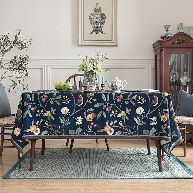 Linen Table Cloth Rectangle,Wrinkle Resistant French Blue Tablecloth Print with Froal,Decor Stitch Table Cloth for Thanksgiving,Dining Room,Home,Kitchen 55" × 79"-DeweyA Blue