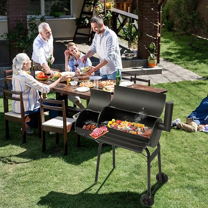 VINGLI Barrel Charcoal Grill with Offset Smoker, Large BBQ Outdoor Smoker Grill with Wheels for Party Garden Patio and Backyard Cooking 44 x 22 x 37 inch