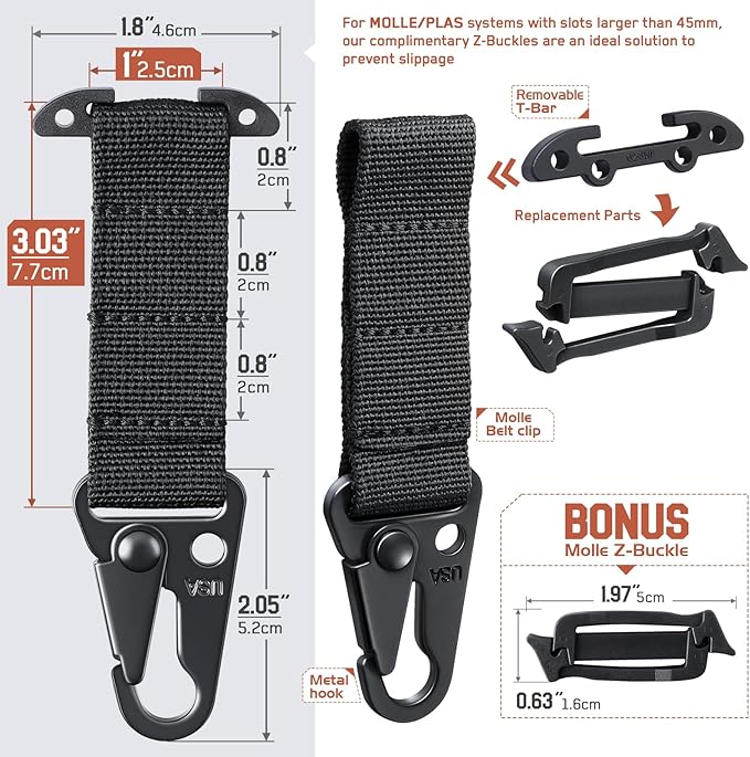 LIVANS Molle Belt Clip Key Holder Tactical Battle Belt Plate Carrier Vest Attachment Clip for Hanging Keys or Gloves, Universal Fit Molle Accessories Clip |T-Mount Clash Hook, Include Z-Buckle