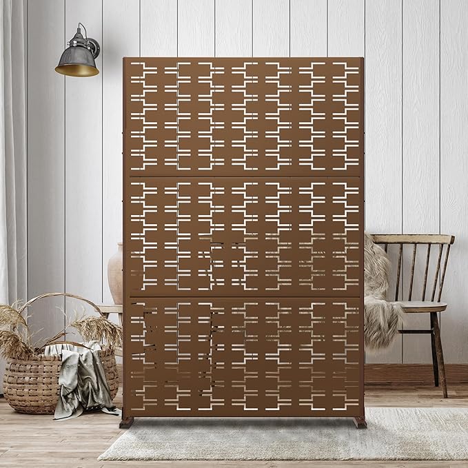 Metal Privacy Screen Outdoor 72" H×47" W,Freestanding Decorative Privacy Screen for Balcony Yard&Garden,Privacy Fence-Brown&Brick