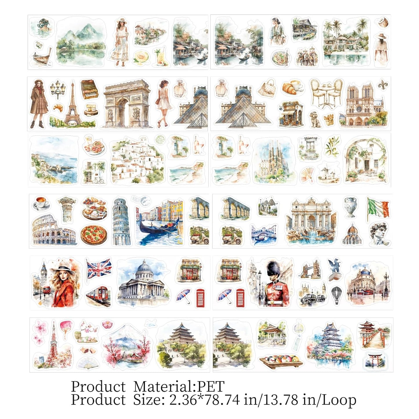 6 Rolls PET Tape Stickers for Scrapbook Supplies,Self-Adhesive Travel Theme Washi Tape for Junk Journal Supplies,Journaling,Scrapbooking,DIY Craft,Notebook(Travelling)