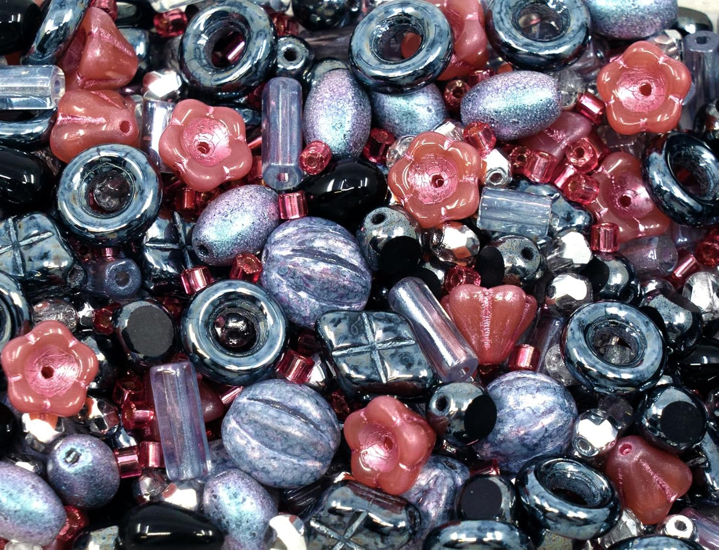 2.1oz (60 g) Mix of Unique Czech Bohemia Glass Pressed Beads, Matte and Glossy, Hand Made, Pink Gray Black Hematite