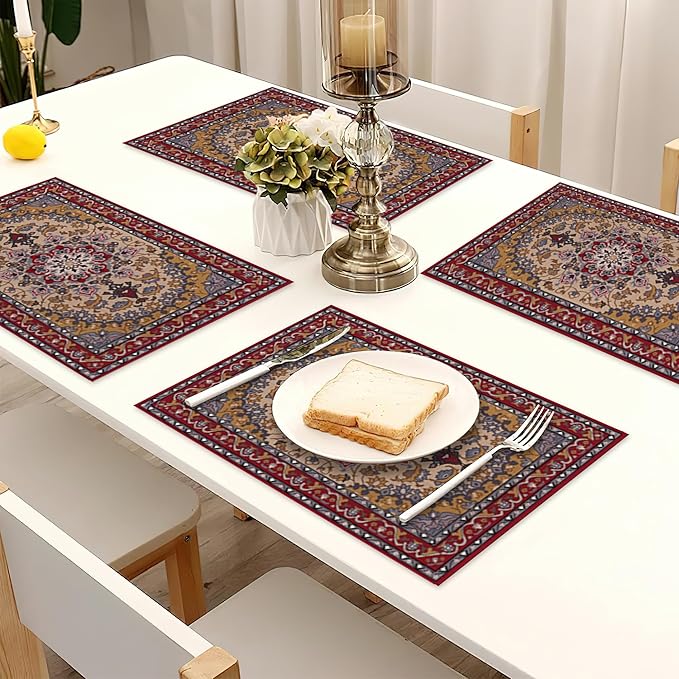 Ethnic Boho Linen Placemats Set of 6,12x18 Inch Vintage Bohemian Washable Table Mats Heat Resistant Place Mats for Home Party Kitchen Dining Decoration