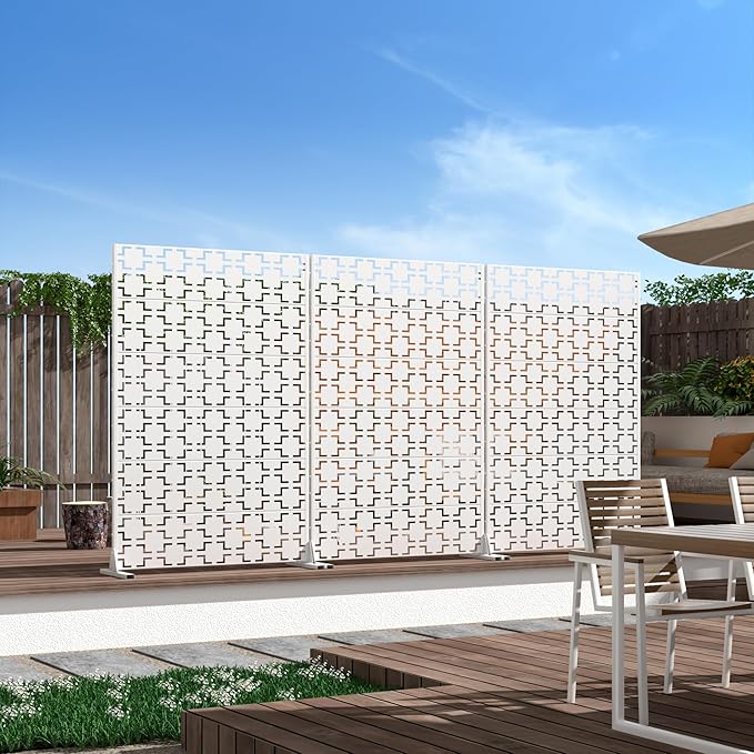 Casaphoria Metal Privacy Screen Outdoor, 72" H x 47" W Freestanding Decorative Privacy Screen for Patio Deck Balcony Garden with Stable Base, White Brick