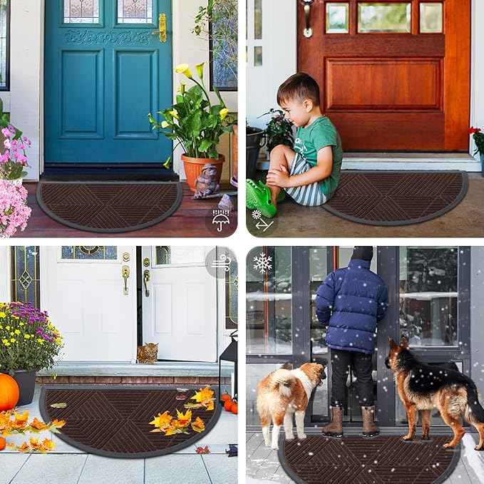 Smiry Half Circle Front Door Mat Outside Entrance, Heavy Duty Sturdy Natural Rubber Doormat, Trap Dirt and Moisture, Low Profile Mats for Indoor Outdoor Entry, Irregular Triangle (36x24, Dark Brown)