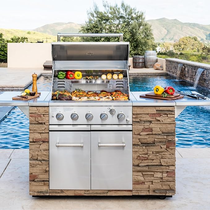 SPIRE Premium 5 Burner Built In Gas Grill Island Head, Stainless Steel 30 Inch Barbeque Grill with Rear Burner, 63,000 BTUs, 758 SQ In Racks, Propane Grill with Dual Fuel Compatibility – 860-0032