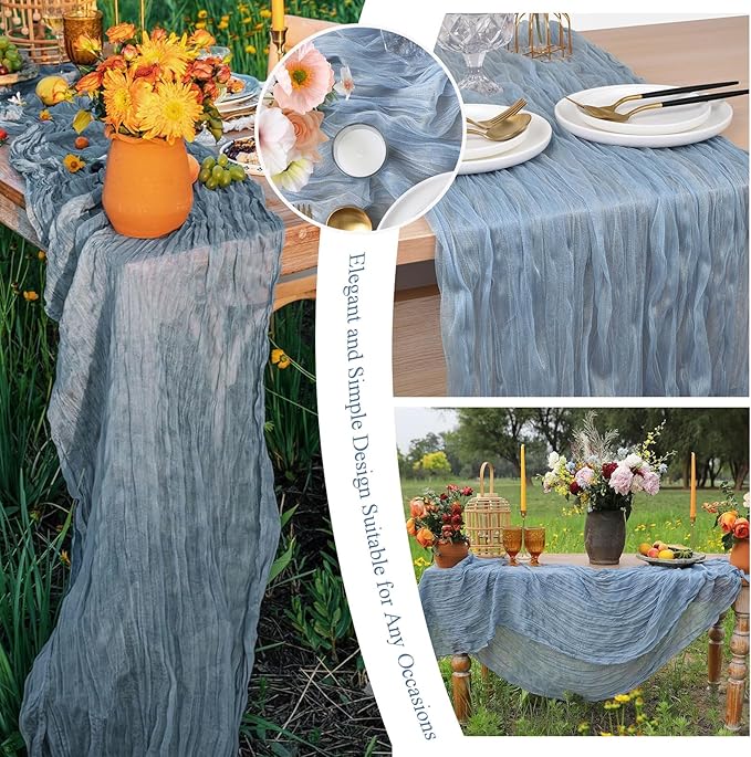 8 Packs Cheesecloth Table Runner 10FT Long Boho Gauze Fabric Table Runner Vintage Rustic Sheer Runners for Wedding Party Bridal Baby Shower Table Decorations (Dusty Blue)