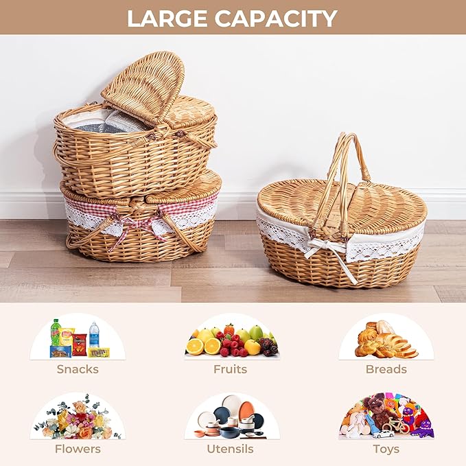 GRANNY SAYS Picnic Basket, Wicker Basket with Insulated Cooler, Woven Cute Basket with Handle, Storage Basket with Washable Lining & Dual-Flid Lid, Natural Willow Picnic Hamper