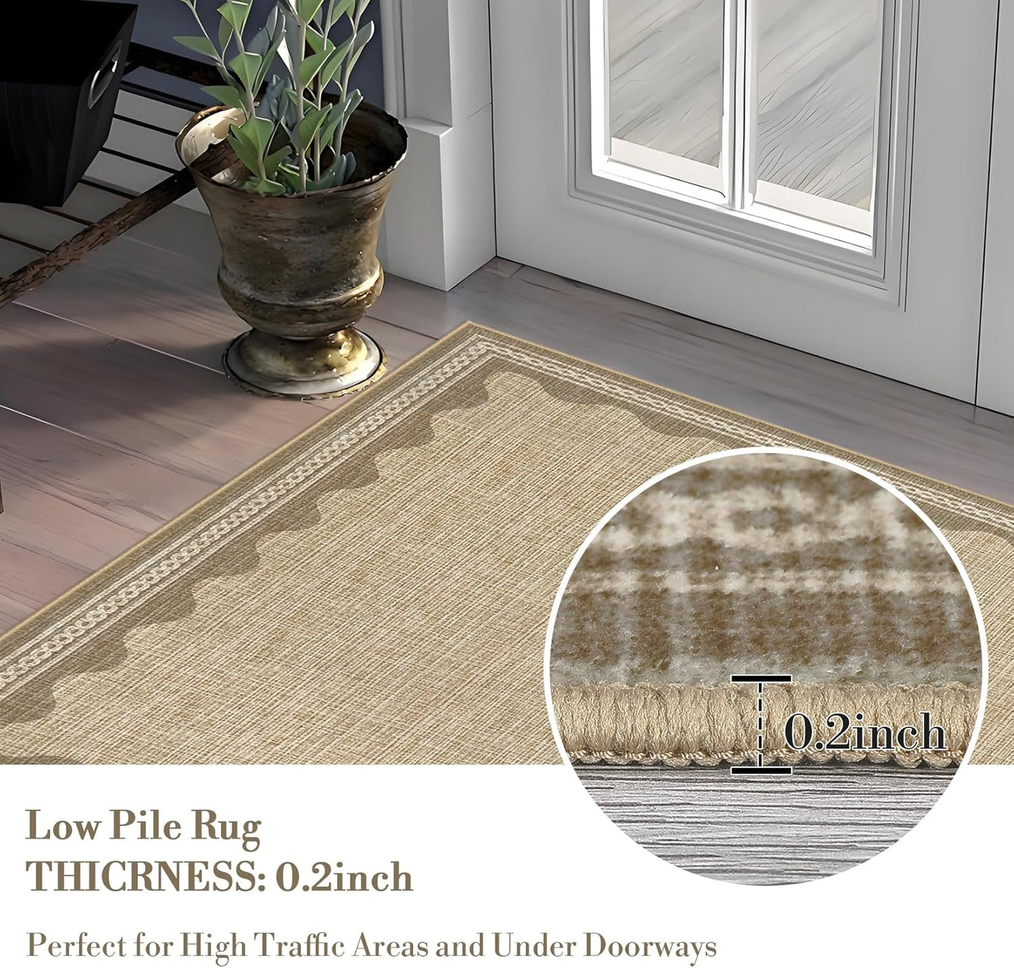 Scalloped Washable Rug 9x12 Area Rugs for Living Room, Solid Tan Rug for Bedroom Girls, Non Slip Throw Mat with Rubber Back, Soft Dorm Nursery 9x12 Carpet for Dining Room