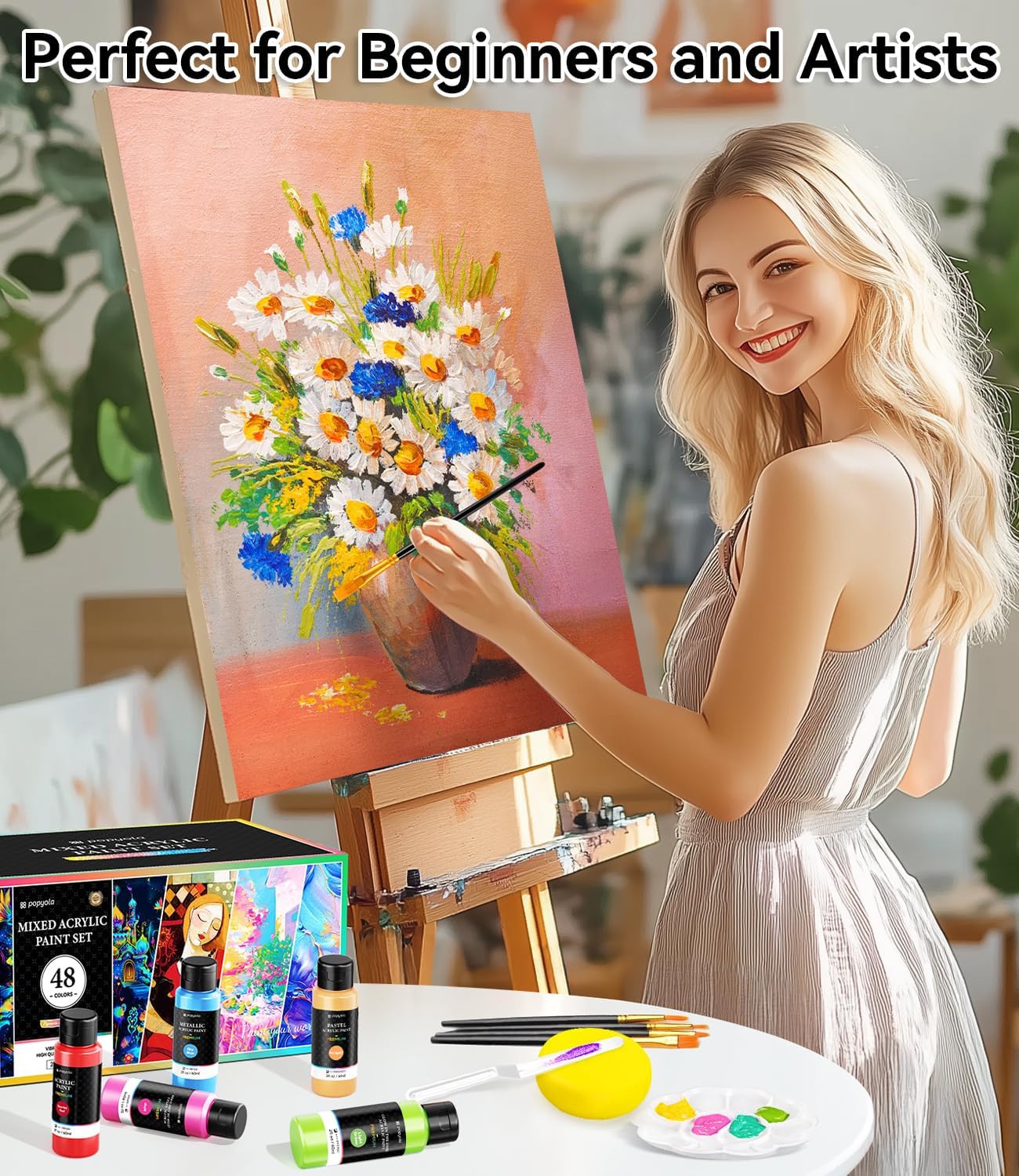 64 PCS Classic & Pastel & Metallic & Glow in the Dark Acrylic Paint Set with 12 Brushes, 2 Knives & Palette, 48 Colors Art Craft Paint for Beginners, Halloween Pumpkin Canvas Ceramic Rock Painting Kit