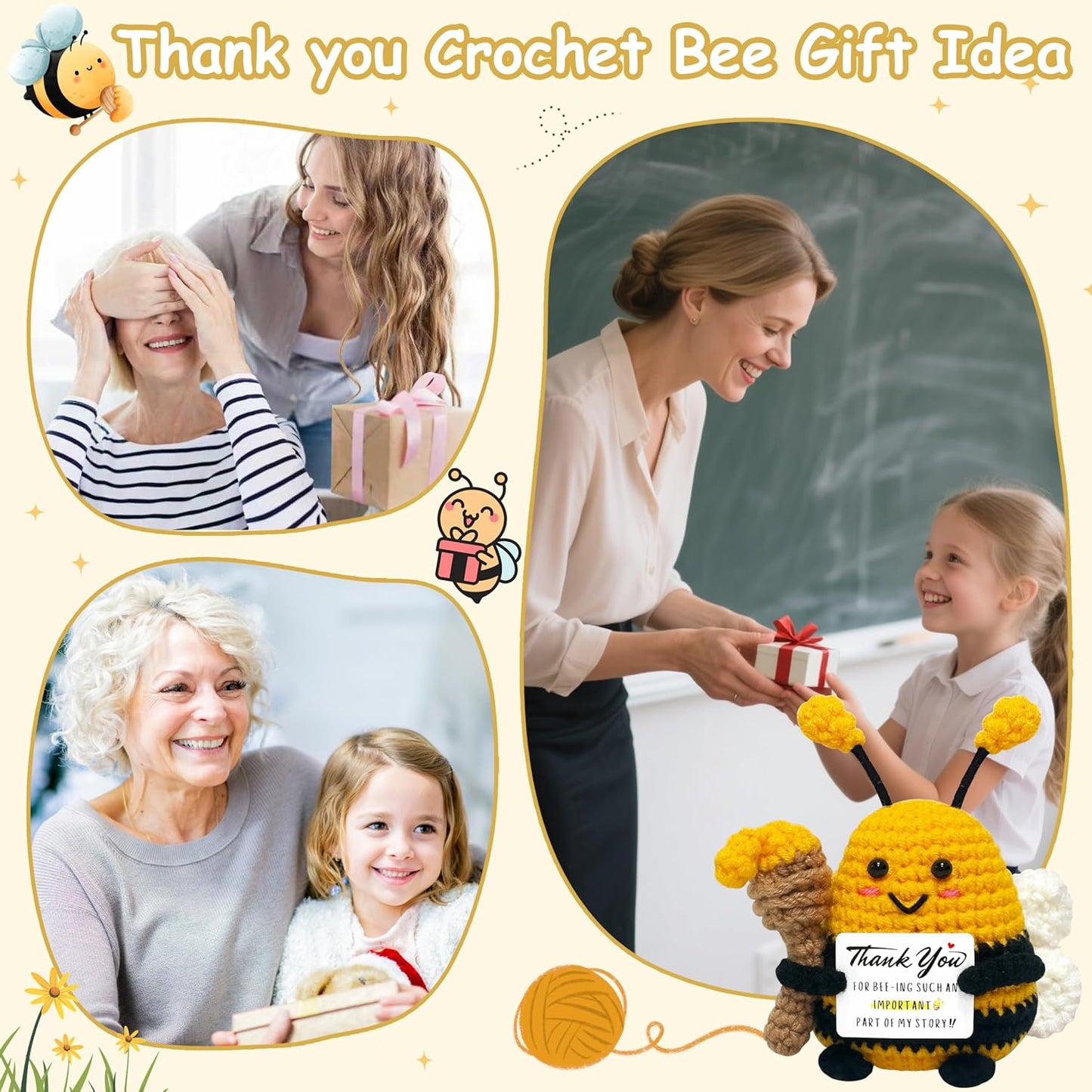 Thank You Gifts for Women Men - Appreciation Gifts for Coworker, Boss, Mom, Friends, Wife, Positive Bee Crochet Animals, Teacher Appreciation Gift, Thank You Cheer Up Gift, Handmade Crochet Bee Decor