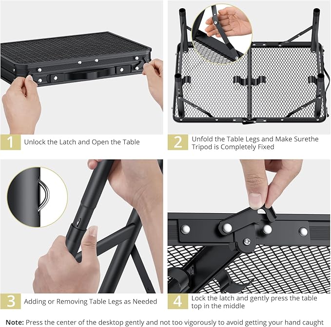 Anbte Folding Grill Table, Aluminum Camping Table Adjustable Height Max 27.5" Picnic Table Outdoor Table, Lightweight, Portable Handle for Travel Cooking BBQ Picnic, 22.8" x 16", Black
