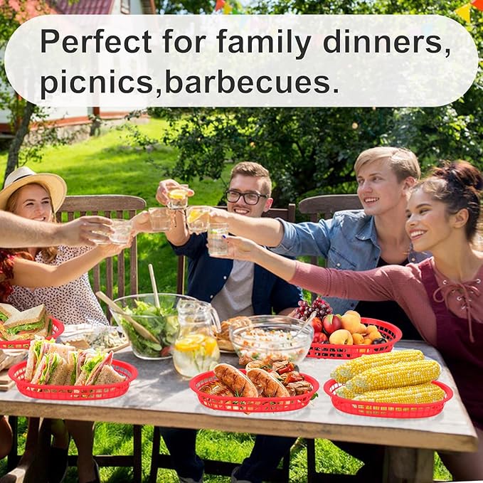 60 Pack Fast Food Baskets, 10.6 x6. 7 Inch Versatile Red Plastic Food Baskets, Food Service Tray for Burgers, Fries, Sandwiches, Hot Dogs, Barbecues, Picnics, Parties, Durable and Safe