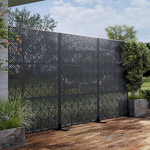 Casaphoria Metal Privacy Screen Outdoor, 72" H x 47" W Freestanding Decorative Privacy Screen for Patio Deck Balcony Garden with Stable Base, Black-Cecil