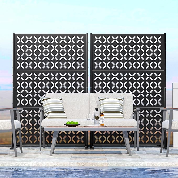 Metal Privacy Screen Outdoor, 72" H Freestanding Privacy Fence with Sturdy Stands, Decorative Privacy Panels Shield for Courtyard, Balcony, Garden and Other Indoor Places(X-Shaped-Fence)