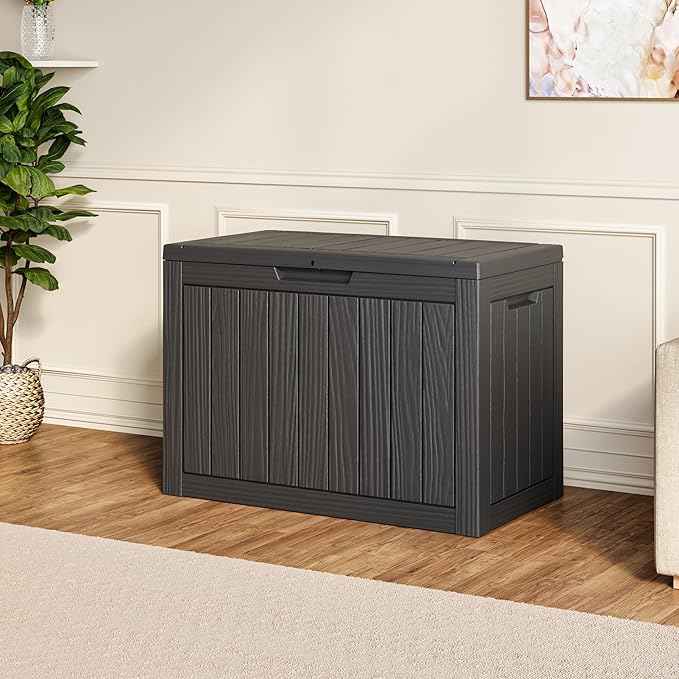 45 Gallon Outdoor Storage Deck Box Waterproof,Garden Tool,Backyard Cushion,Poolside Storage,Small Delivery Boxes for Outside,UV-Resistant & All-Weather,Wood-like Striped BLack