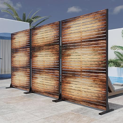Casaphoria 72" H x 47" W Metal Outdoor Privacy Screen, Freestanding Decorative Divider for Patio, Deck, Balcony, and Garden with Stable Base, Wood Color
