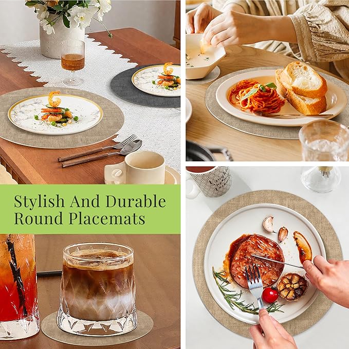 13-Inch Faux Leather Round Placemats Set of 6, Waterproof Anti-Slip Dual Sided Place mats, Heat Resistant Washable Table Mats with Coaster, Suitable for Indoor & Outdoor (6, Black Light Coffee)