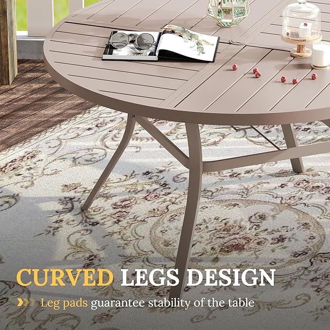 VICLLAX Round Patio Table with Adjustable Umbrella Hole for 6, All Weather Metal Outdoor Dining Table for Lawn Garden, 50" Outdoor Coffee Table, Cream Color Frame