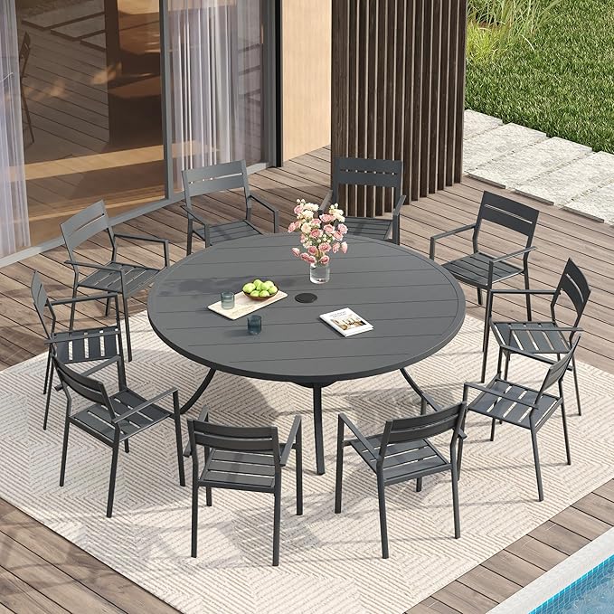 VICLLAX 60" Outdoor Round Patio Table for Lawn Garden, All Weather Metal Patio Dining Table with Adjustable Umbrella Hole, 8-10 Person, Grey