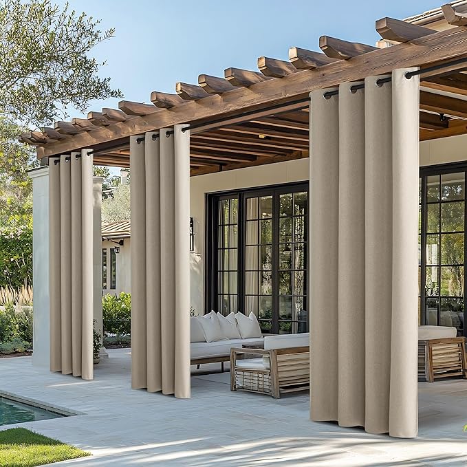 NICETOWN 100% Blackout Patio Outdoor Curtains Waterproof 2 Panels, Linen Textured Thermal Insulated Indoor/Outside Drapes for Gazebo, Privacy Sun Shades for Porch, Bathroom, W52 x L96 Inch, Natural