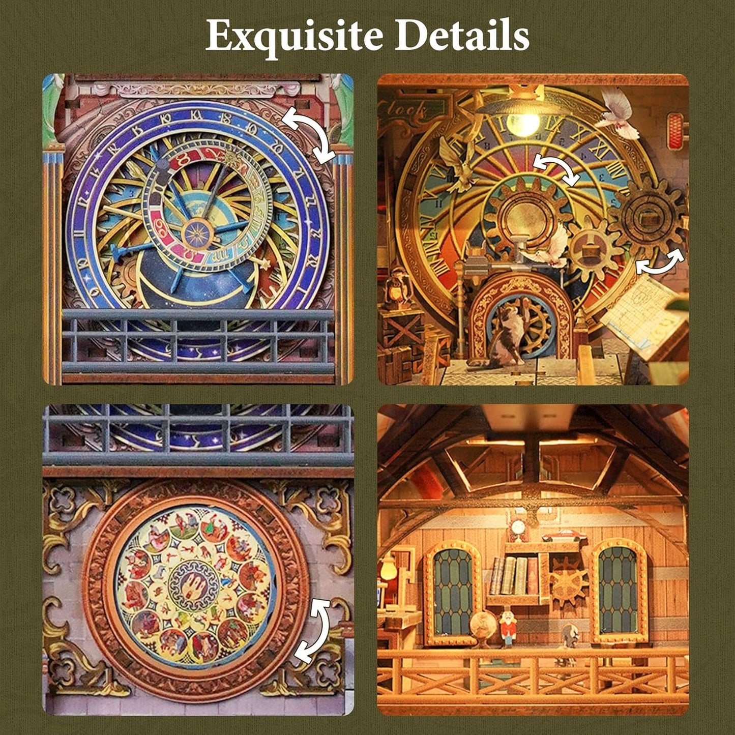 Tonecheer DIY Book Nook Kit for Adults, 3D Wooden Puzzle Bookend Miniature House Kit, Booknook Bookshelf Insert Decor with Dust Cover and LED Lights Gifts (Clock Tower)