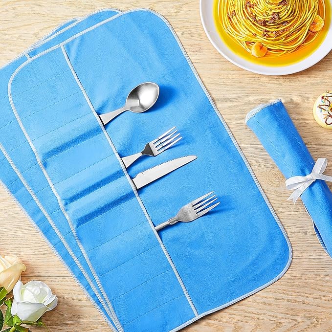 Saintrygo 6 Pieces Anti Tarnish Silver Storage Bags silverware Blue Holder for Flatware Storage Organizer Place Setting Roll with White Ribbon for Kitchen Utensils
