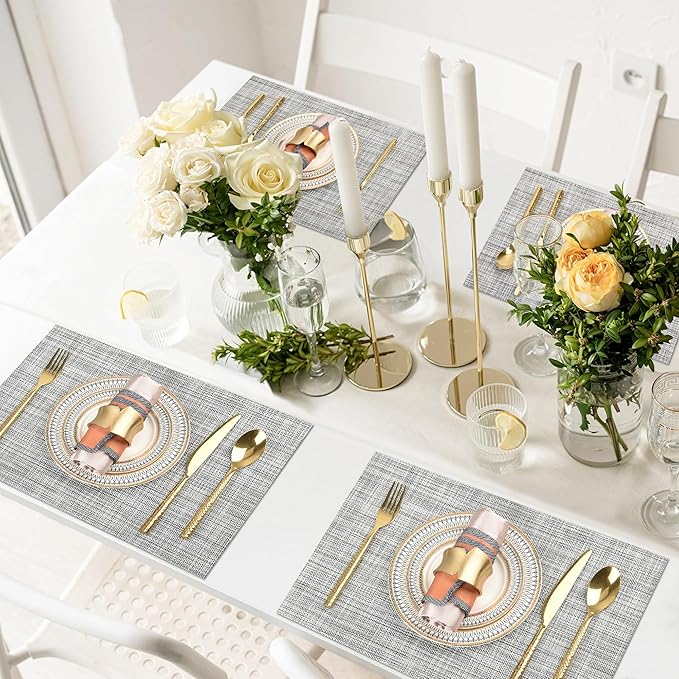 SLKQG Gray Placemats Set of 4 - Easy Clean Washable Vinyl Placemats - Wipeable Heat Resistant Table Mats for Dining Table - 17.7x11.8 Inch (4, Gray Black White)