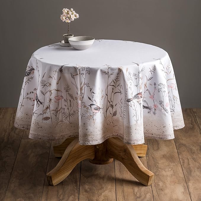 Maison d' Hermine Table Cloth Round Table 100% Cotton 69 Inches Tablecloth Reusable Decorative for Dining Room, Farmhouse, Home, Party, Festive & Wedding Spring Summer - Meadow Florals - Brown