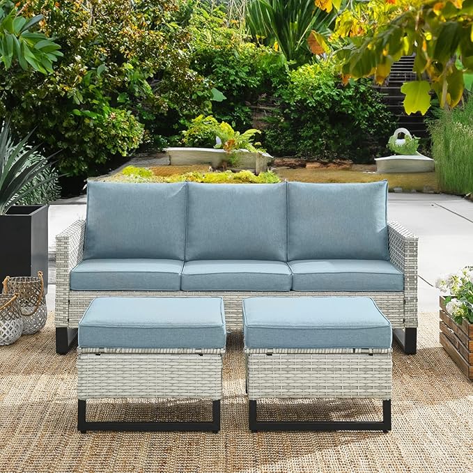 HUMMUH Outdoor Ottomans for Patio Set of 2 PE Wicker Outdoor Footstool with Removable Weather-Resistant Cushions for Patio, Backyard Light Grey Lake Blue