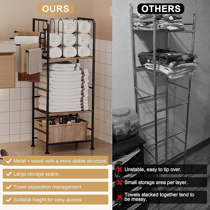 Towel Rack Free Standing 3-Tier M-Shaped Detachable Dividers, 4 Rotatable Bars Fast Drying, Pool Towel Rack, Space-Saving Towel Storage Organizer, Bath Towel Shelf for Home, Poolside Patent Pending