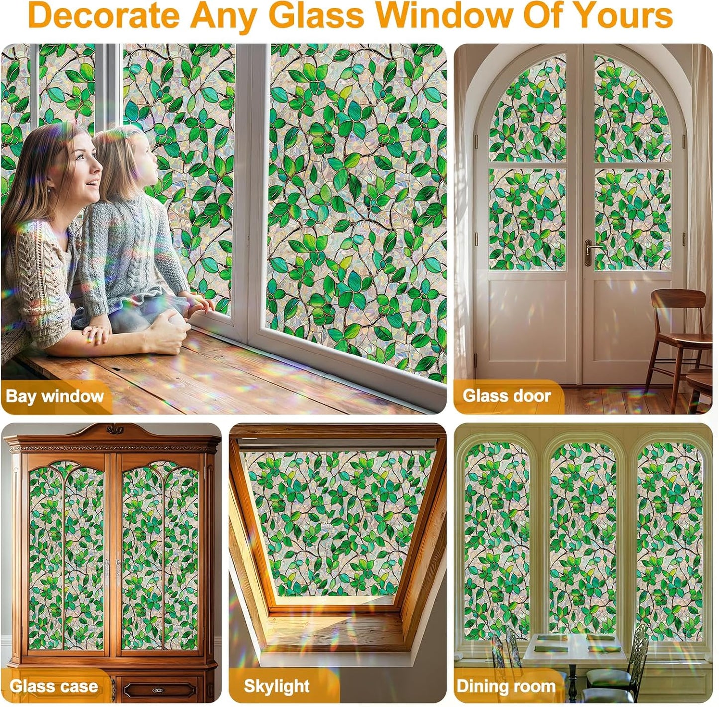 Window Privacy Film Stain Glass Window Film Rainbow Window Film Window clings Non-Adhesive Reusable Decorative for Room (Greenery Leaf, 17.5 x 78.7 in)